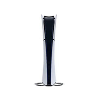 PlayStation 5 Slim console on stand with white body and black center stripe