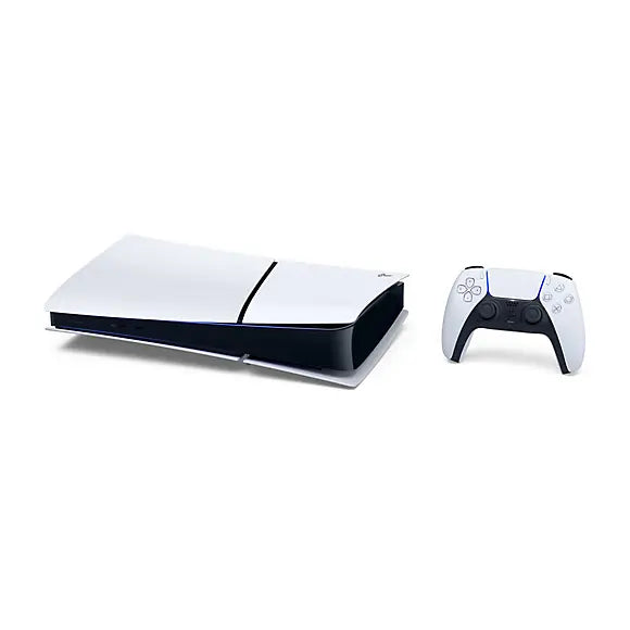 PlayStation 5 Slim digital console with white controller and black base