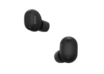 Black wireless earbuds with mesh speaker grills, in-ear design