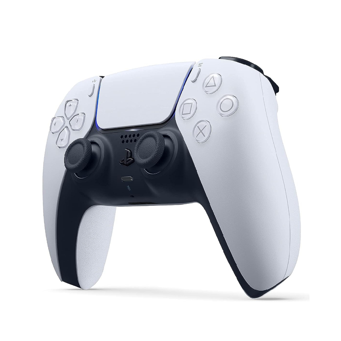 Sony DualSense controller in white with black analog sticks and blue trim