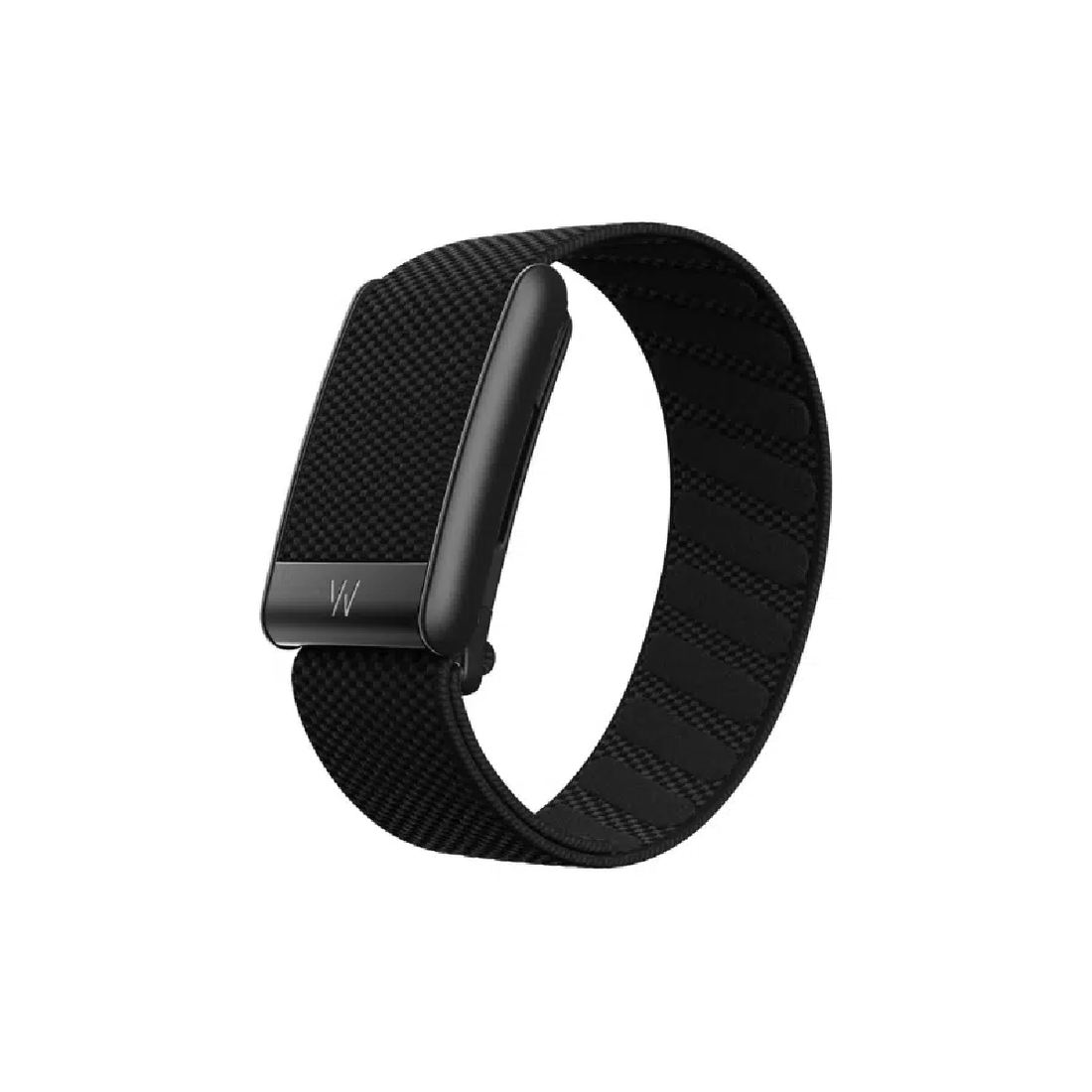 Black fitness tracker on woven band, sensor module angled to the side