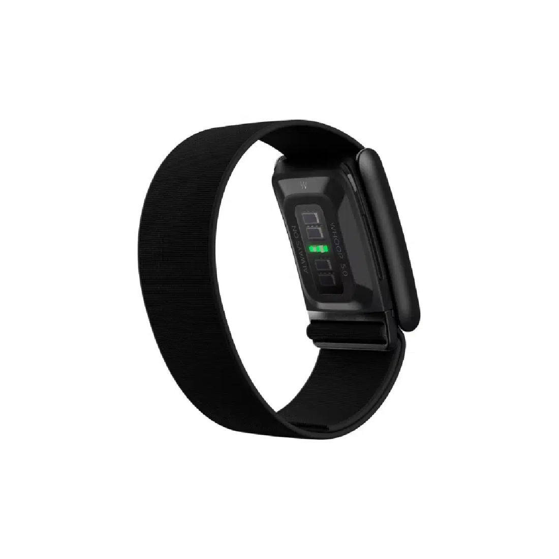 Black fitness tracker with rectangular sensor and green-lit screen on wristband