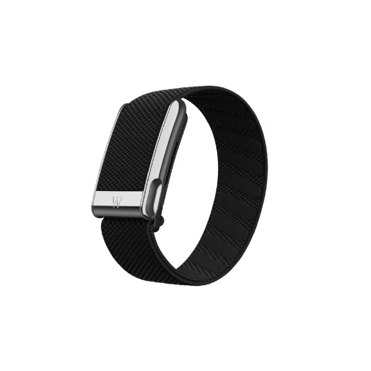 Black fitness tracker with woven sport band and metal clasp, front view.