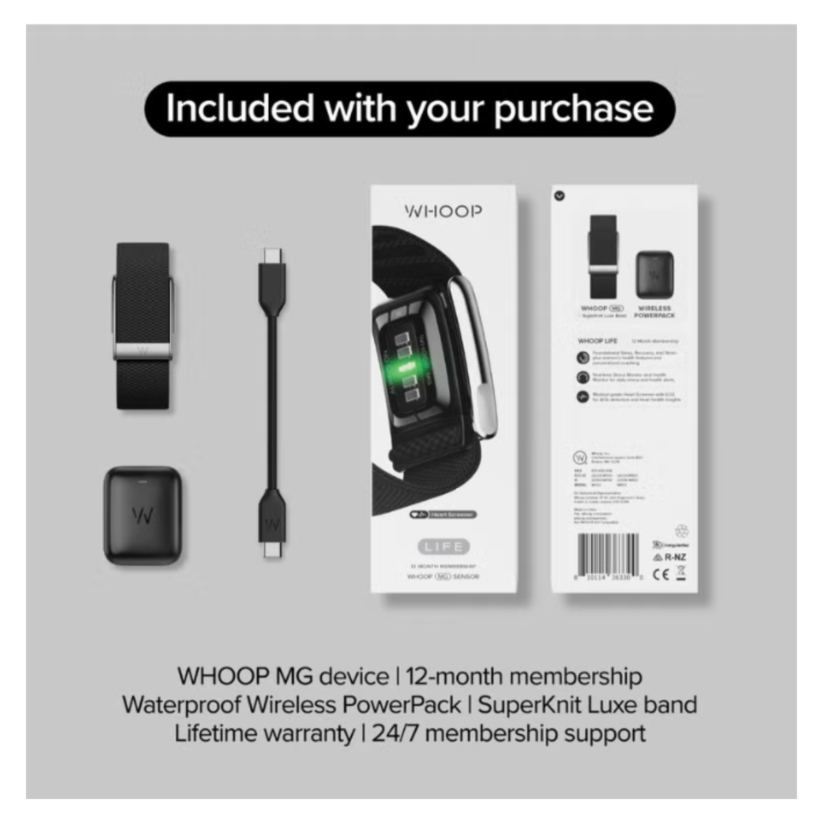 Fitness tracker accessories set: band, module, cable, and packaging insert.