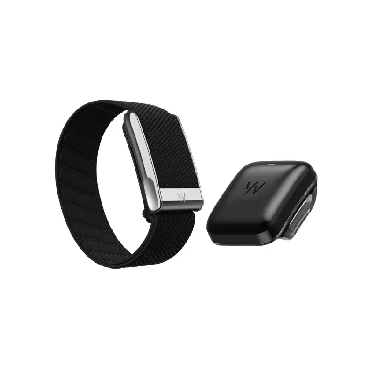 Black fitness tracker module next to woven sport band with metal clasp.