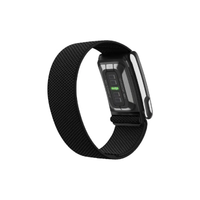 Black fitness tracker module with screen on woven sport watch band, side view.