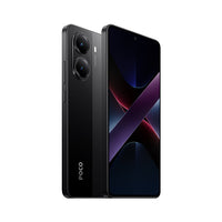 Dark gray POCO smartphone with dual rear cameras and black front display