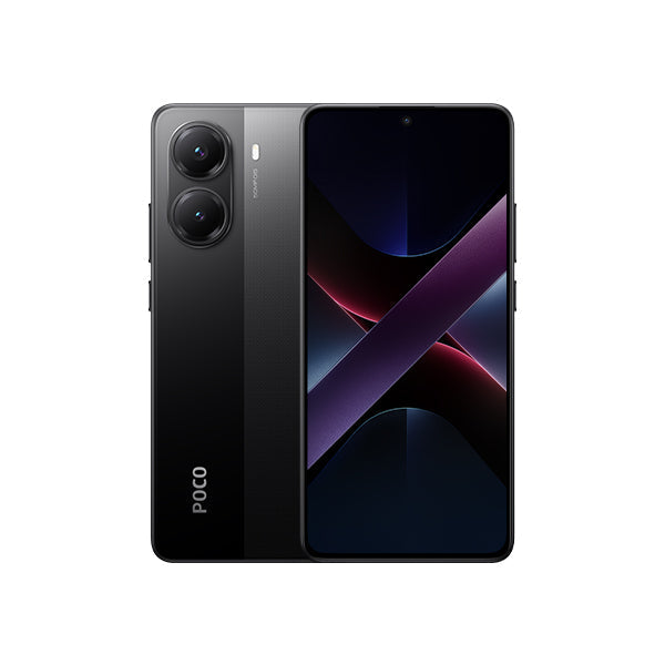 Graphite POCO smartphone with dual rear cameras and black front display