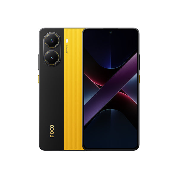 Yellow POCO smartphone with dual rear cameras and black front display