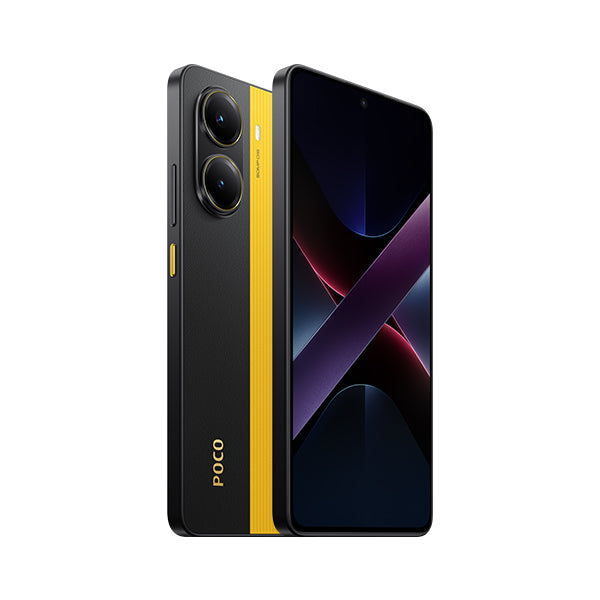 Black POCO smartphone with dual rear cameras and yellow accent strip