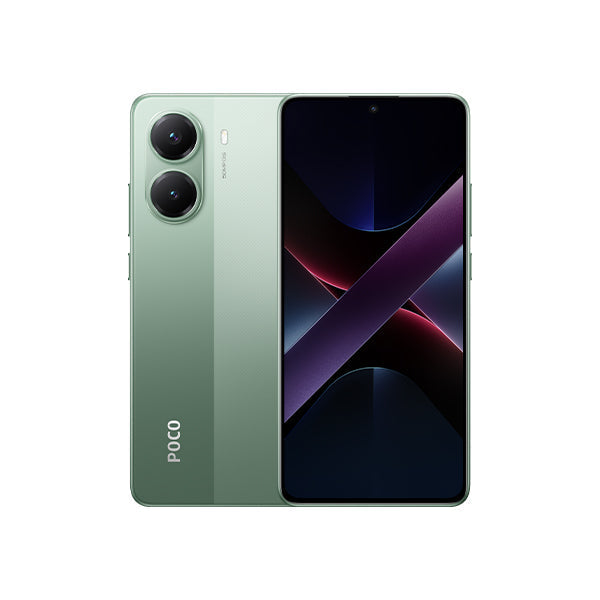 Green POCO smartphone with dual rear cameras and black front display