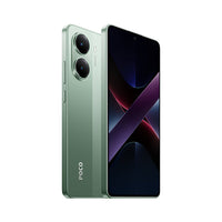 Mint green POCO smartphone with dual rear cameras and black front display