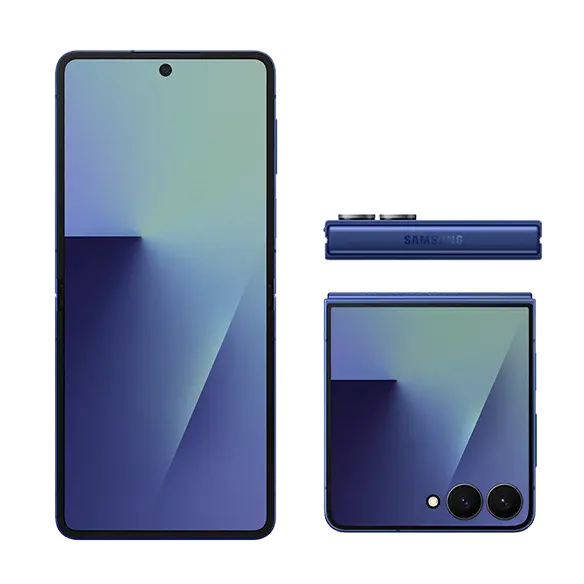 Blue Shadow foldable smartphone set, front, side, and rear views visible