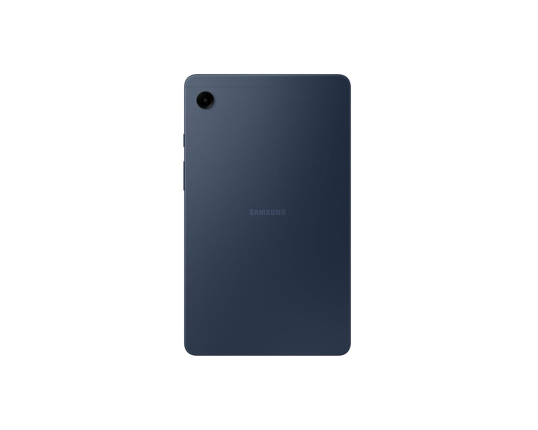 Galaxy Tab A9 tablet back view, dark navy with camera lens at top-left