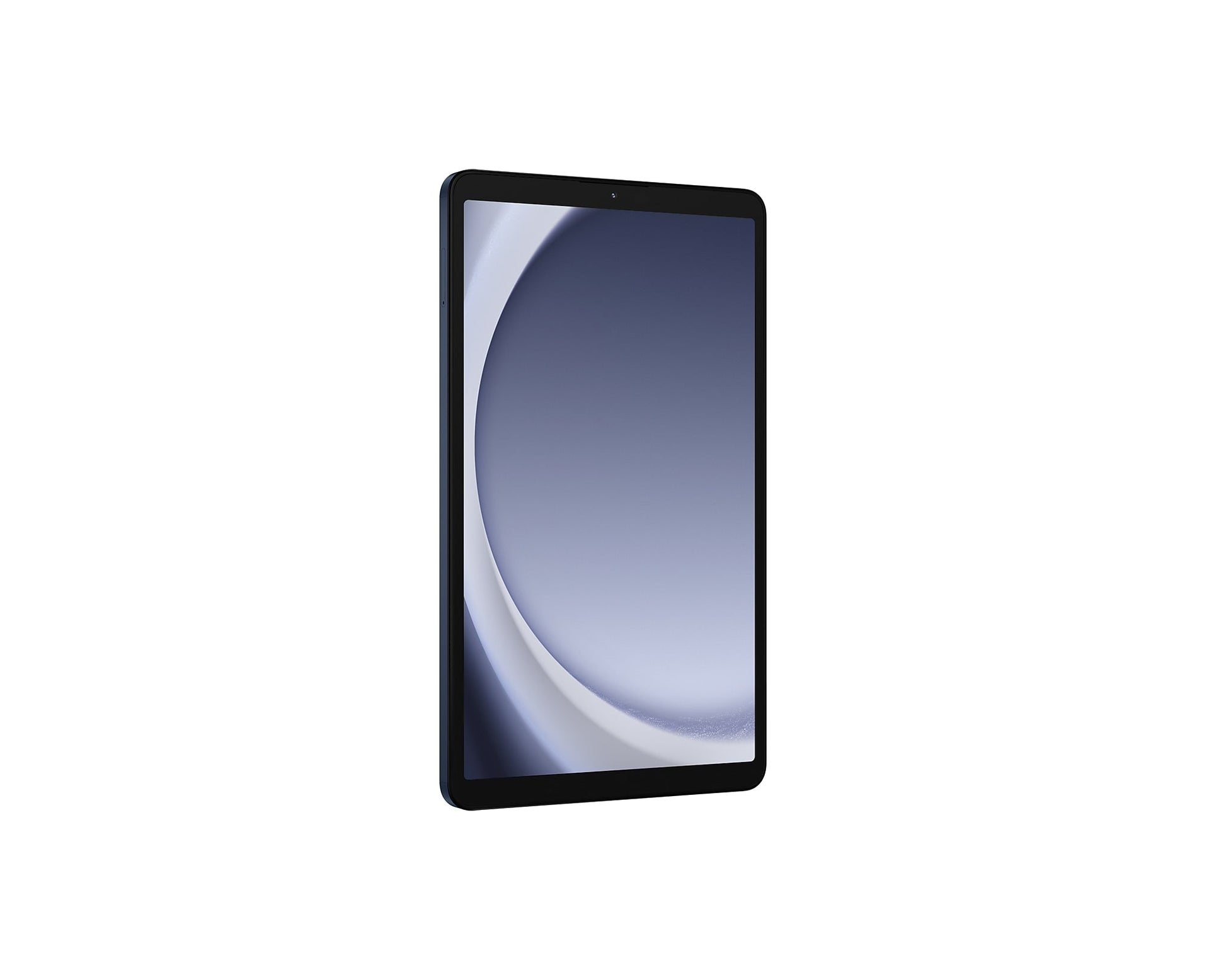 Galaxy Tab A9 tablet front view angled, dark navy with lit display and bezel