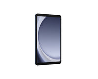 Galaxy Tab A9 tablet front view angled, dark navy with lit display and bezel