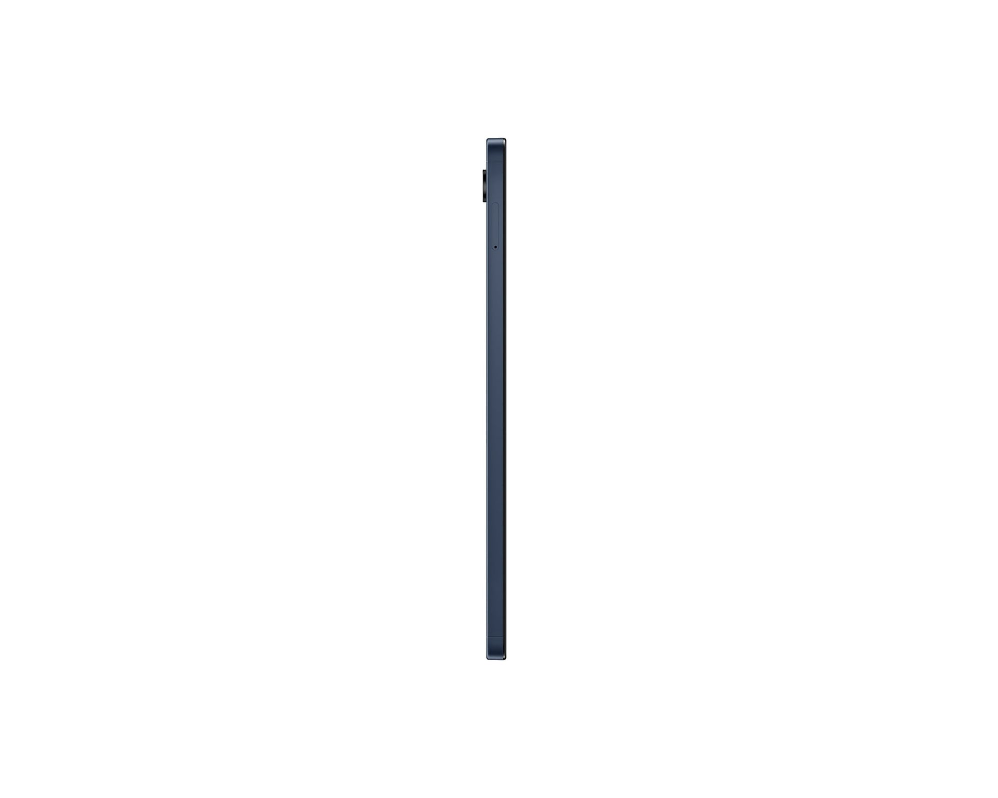 Galaxy Tab A9 tablet side profile, dark navy edge with buttons visible