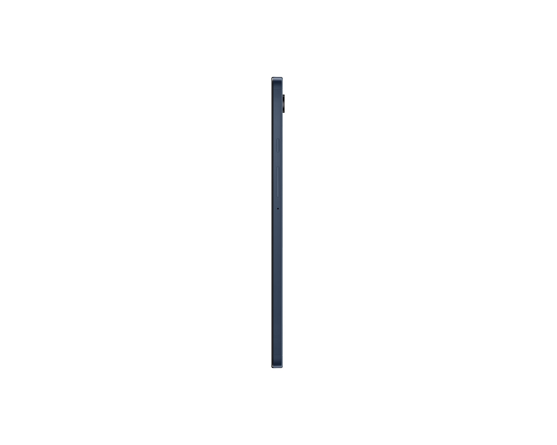 Galaxy Tab A9 tablet side profile, dark navy slim edge from the opposite side