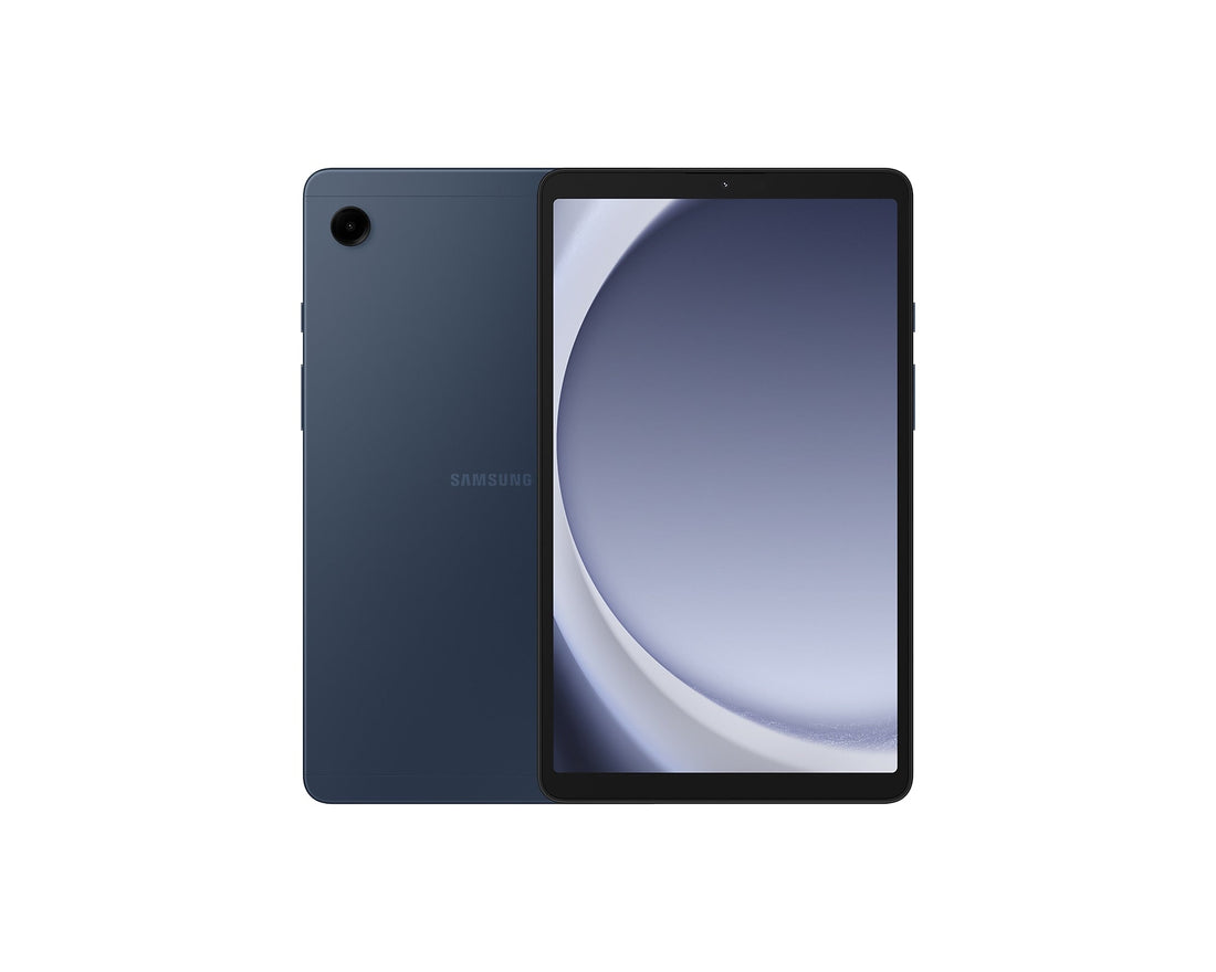 Galaxy Tab A9 tablet front view, dark navy with screen showing abstract swirl
