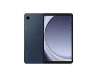 Galaxy Tab A9 tablet front view, dark navy with screen showing abstract swirl