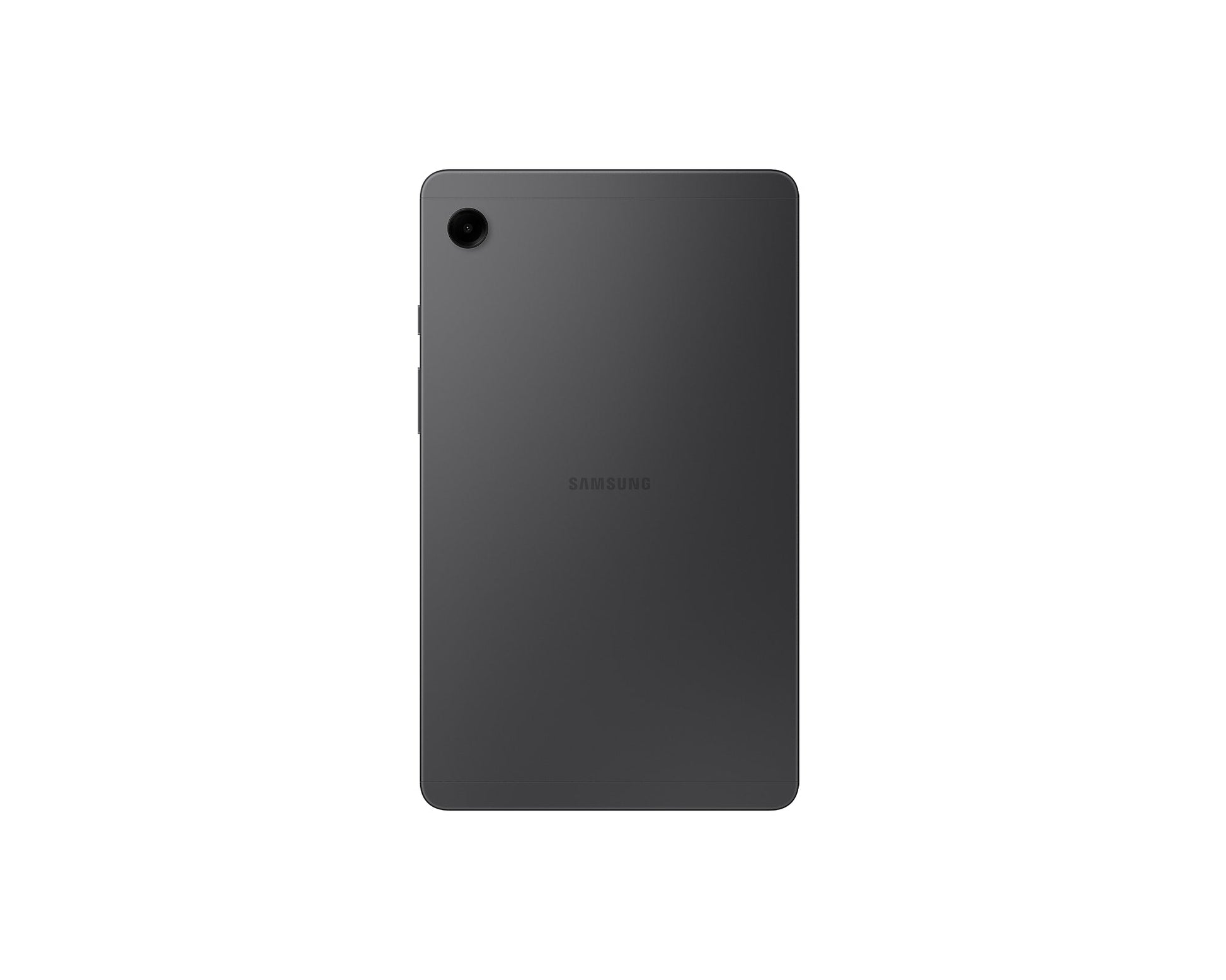 Galaxy Tab A9 tablet back view, dark gray with single camera lens at top-left