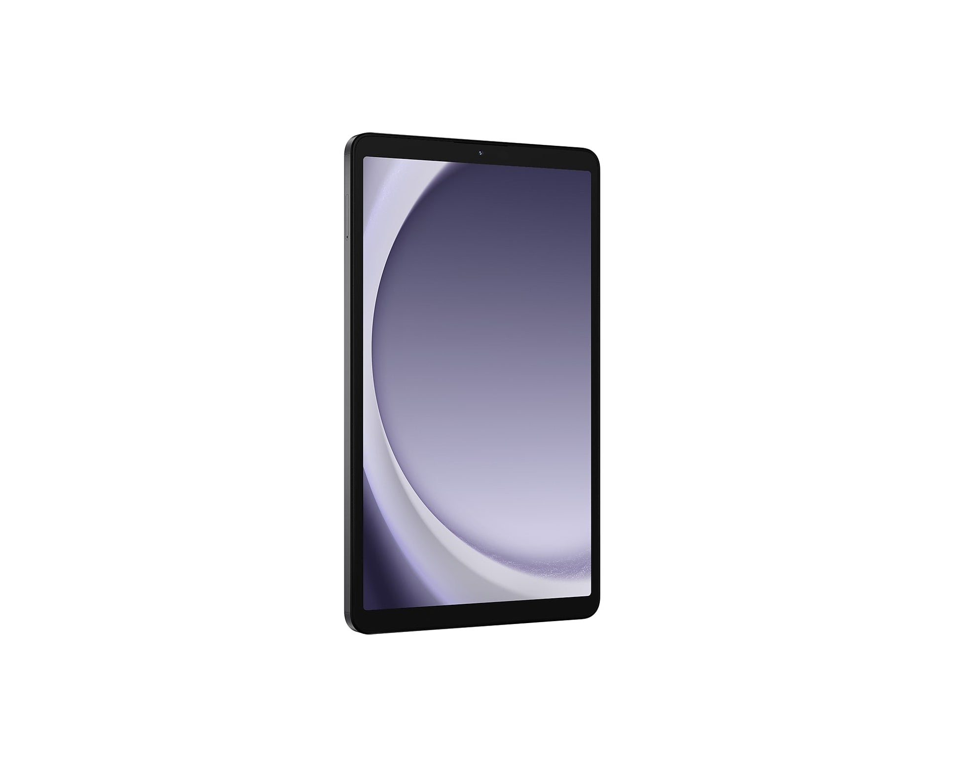 Galaxy Tab A9 tablet front view, dark gray with display on and slim bezel