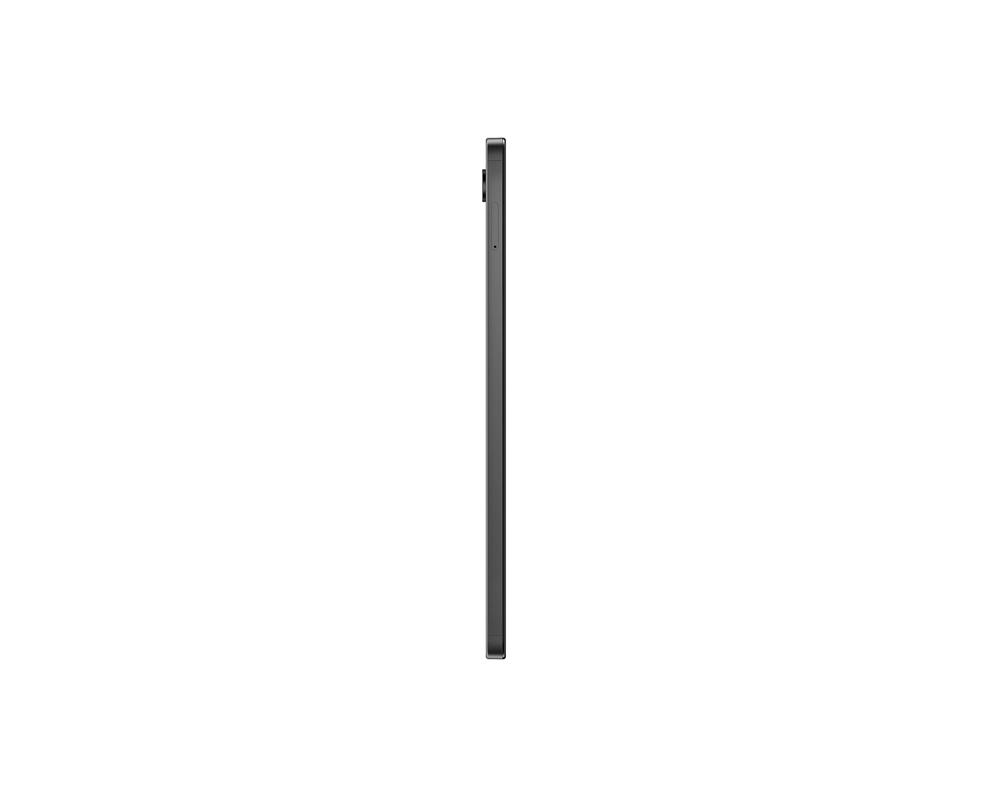 Galaxy Tab A9 tablet side profile, dark gray edge with ports/buttons visible