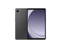 Galaxy Tab A9 tablet front and back, dark gray with screen showing abstract swirl