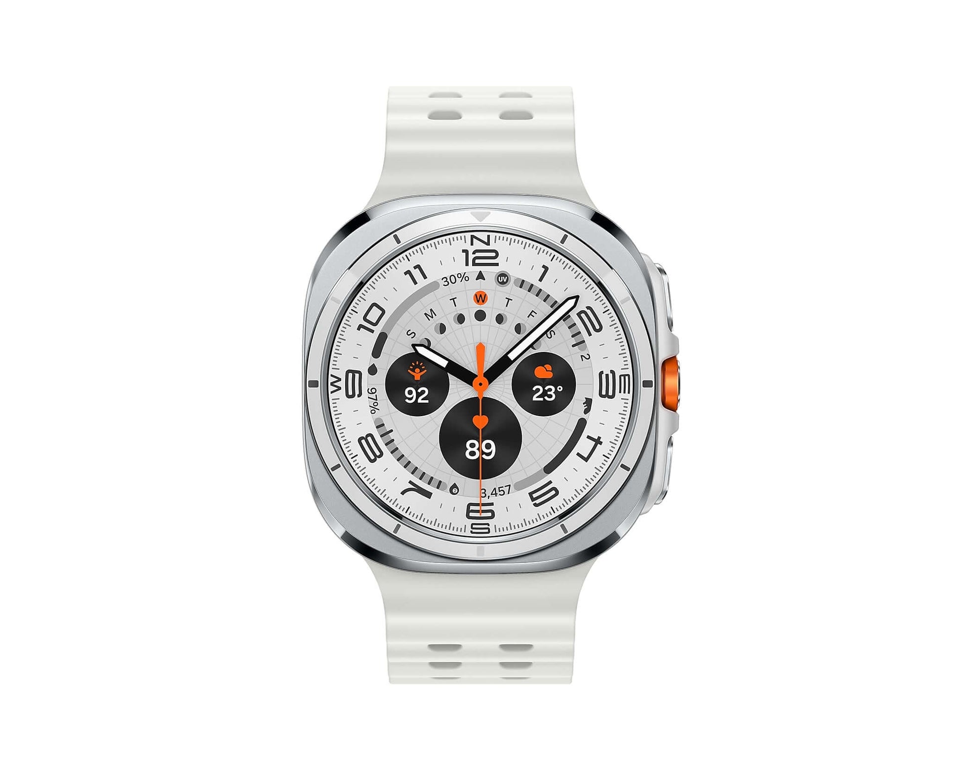 Galaxy Watch Ultra 2025 with white perforated strap and silver smartwatch display