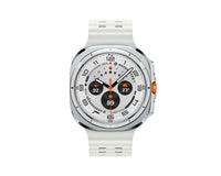 Galaxy Watch Ultra 2025 with white perforated strap and silver smartwatch display