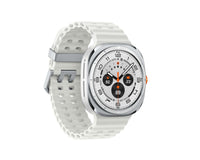 White perforated band smartwatch angled view, silver bezel around circular face