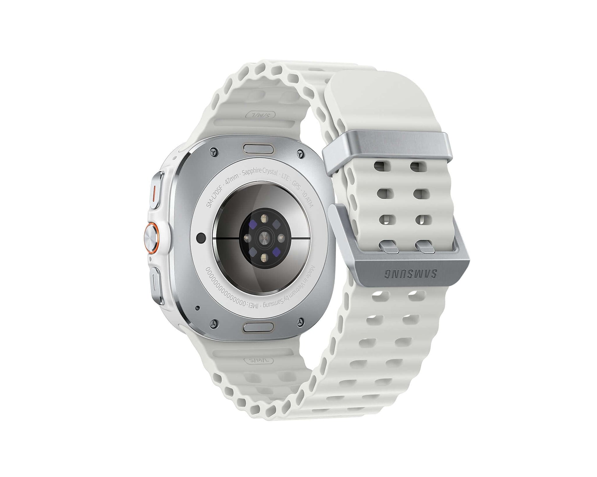 Back view of Galaxy Watch Ultra 2025 with white perforated strap and camera window