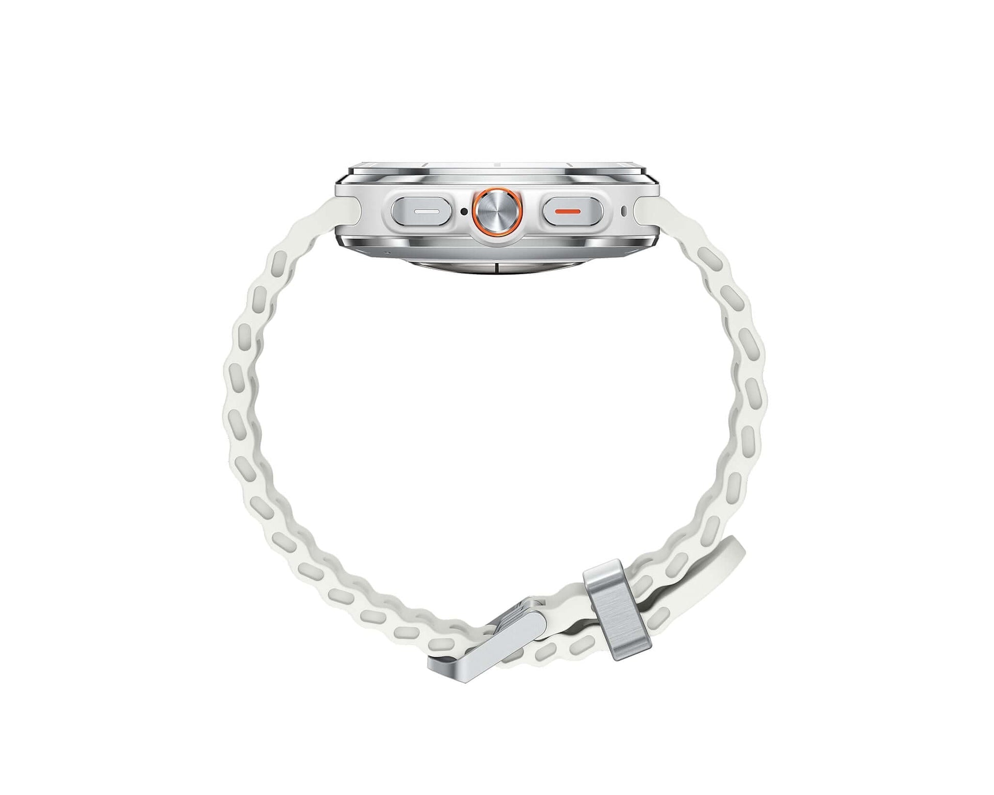 White perforated smartwatch band and silver case, top profile view