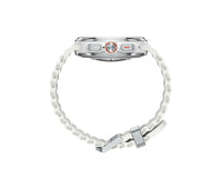 White perforated smartwatch band and silver case, top profile view