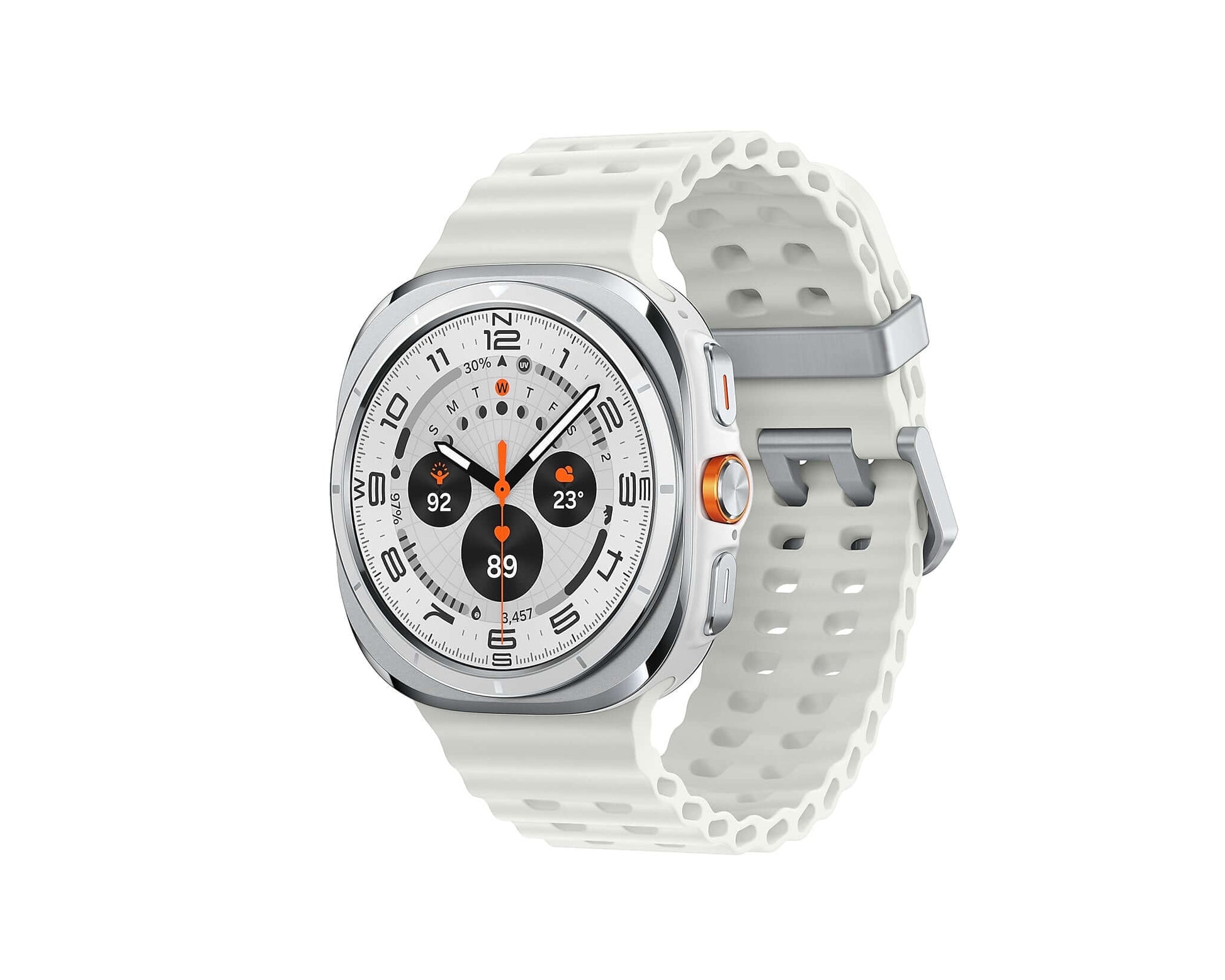 White perforated strap smartwatch angled view, silver case with light display