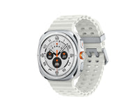 White perforated strap smartwatch angled view, silver case with light display