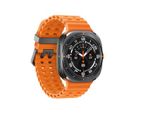Galaxy Watch Ultra 2025 angled side view, orange perforated band and black face