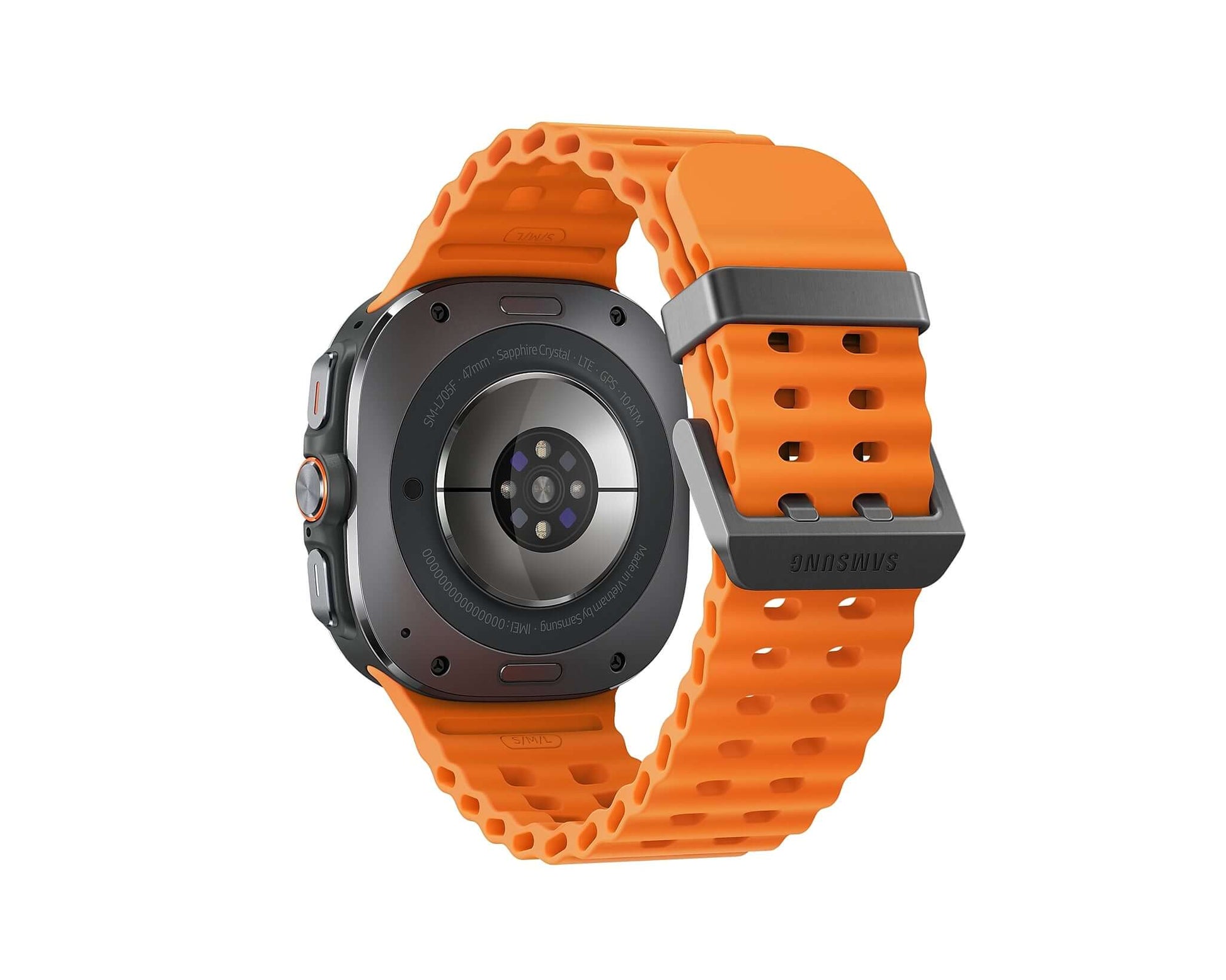 Back view of Galaxy Watch Ultra 2025 with orange perforated strap and metal case