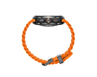 Orange perforated smartwatch band and side controls, top profile view