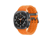 Orange perforated strap smartwatch angled view, black face with orange accents