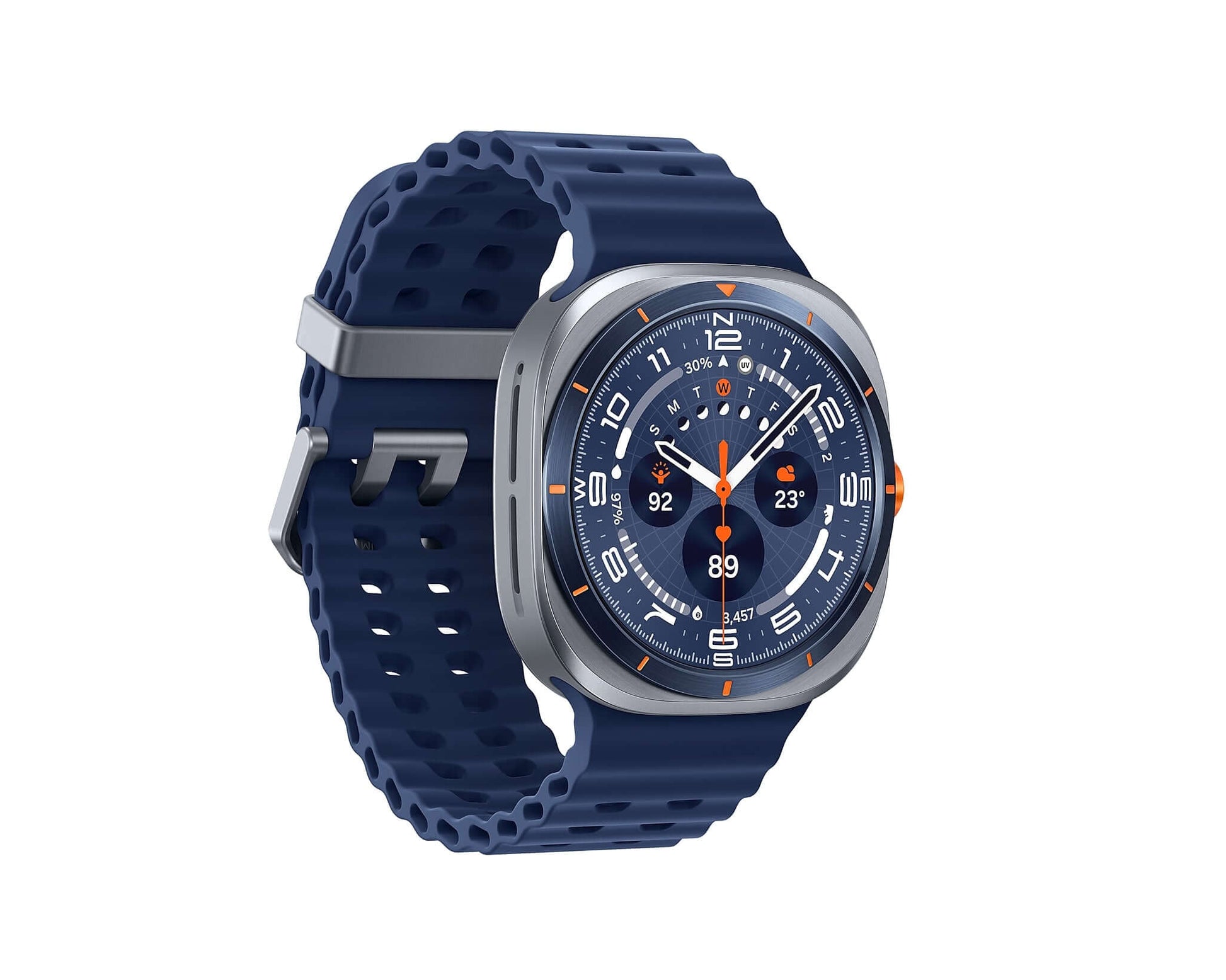 Samsung Galaxy Watch Ultra (2025) Titanium Blue side view with rugged dark blue band