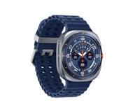 Samsung Galaxy Watch Ultra (2025) Titanium Blue side view with rugged dark blue band