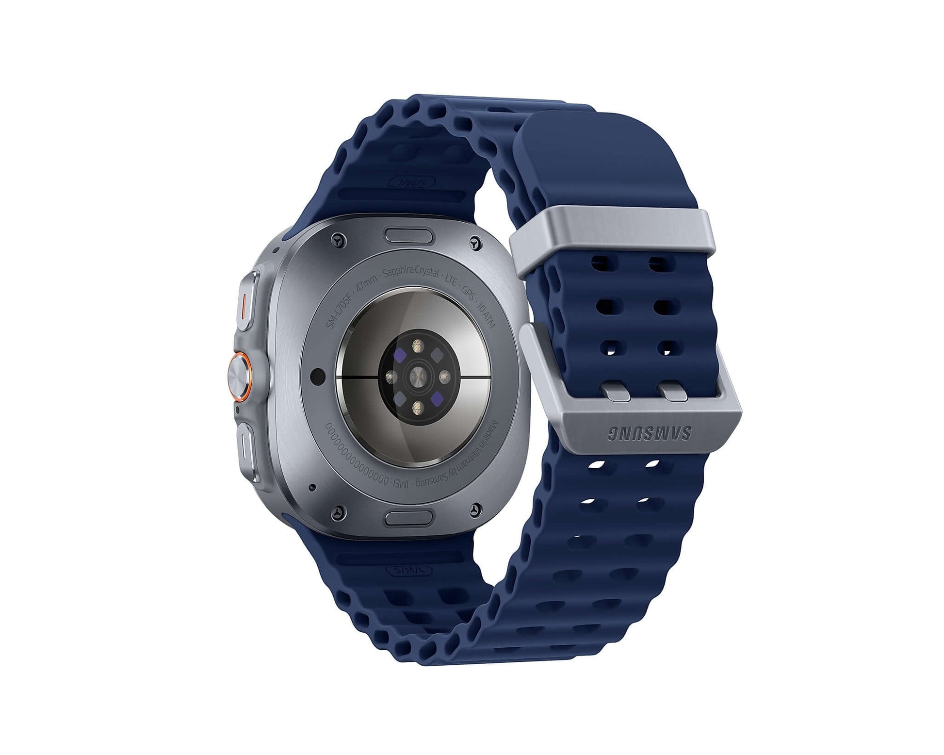Samsung Galaxy Watch Ultra (2025) Titanium Blue back view, dark blue silicone strap