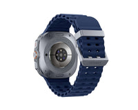 Samsung Galaxy Watch Ultra (2025) Titanium Blue back view, dark blue silicone strap