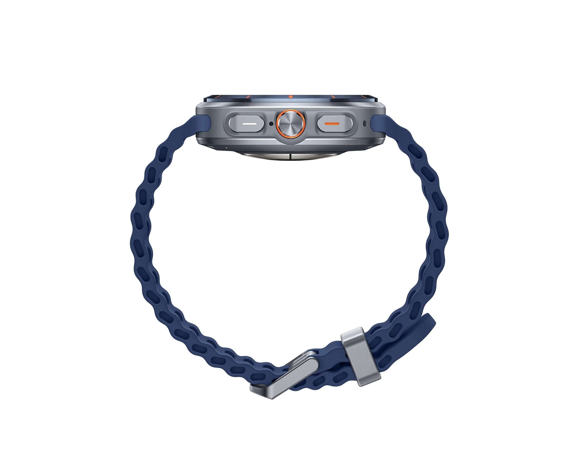Samsung Galaxy Watch Ultra (2025) Titanium Blue side profile with pin clasp, dark blue band