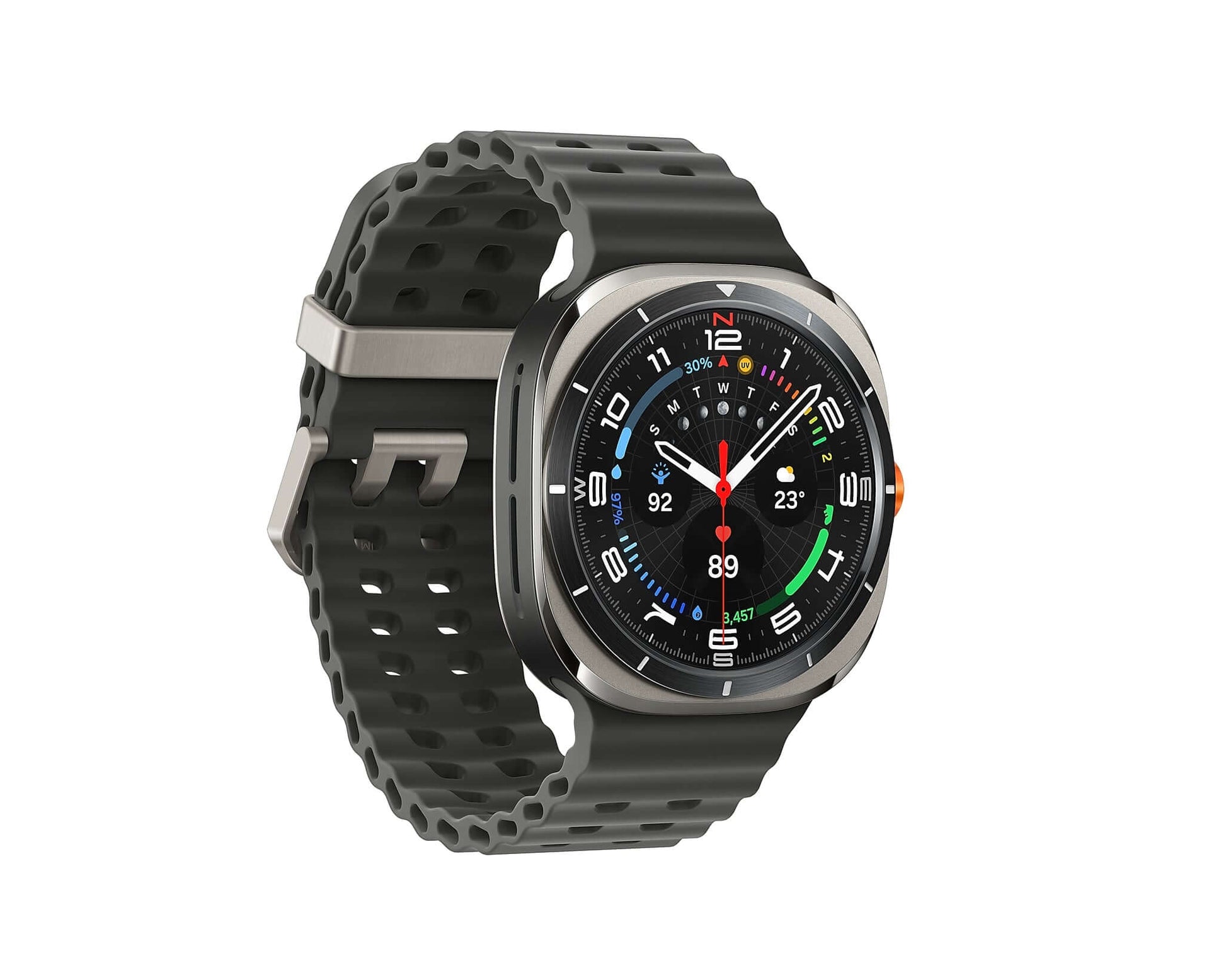 Samsung Galaxy Watch Ultra (2025) Titanium Gray side view with textured dark gray band