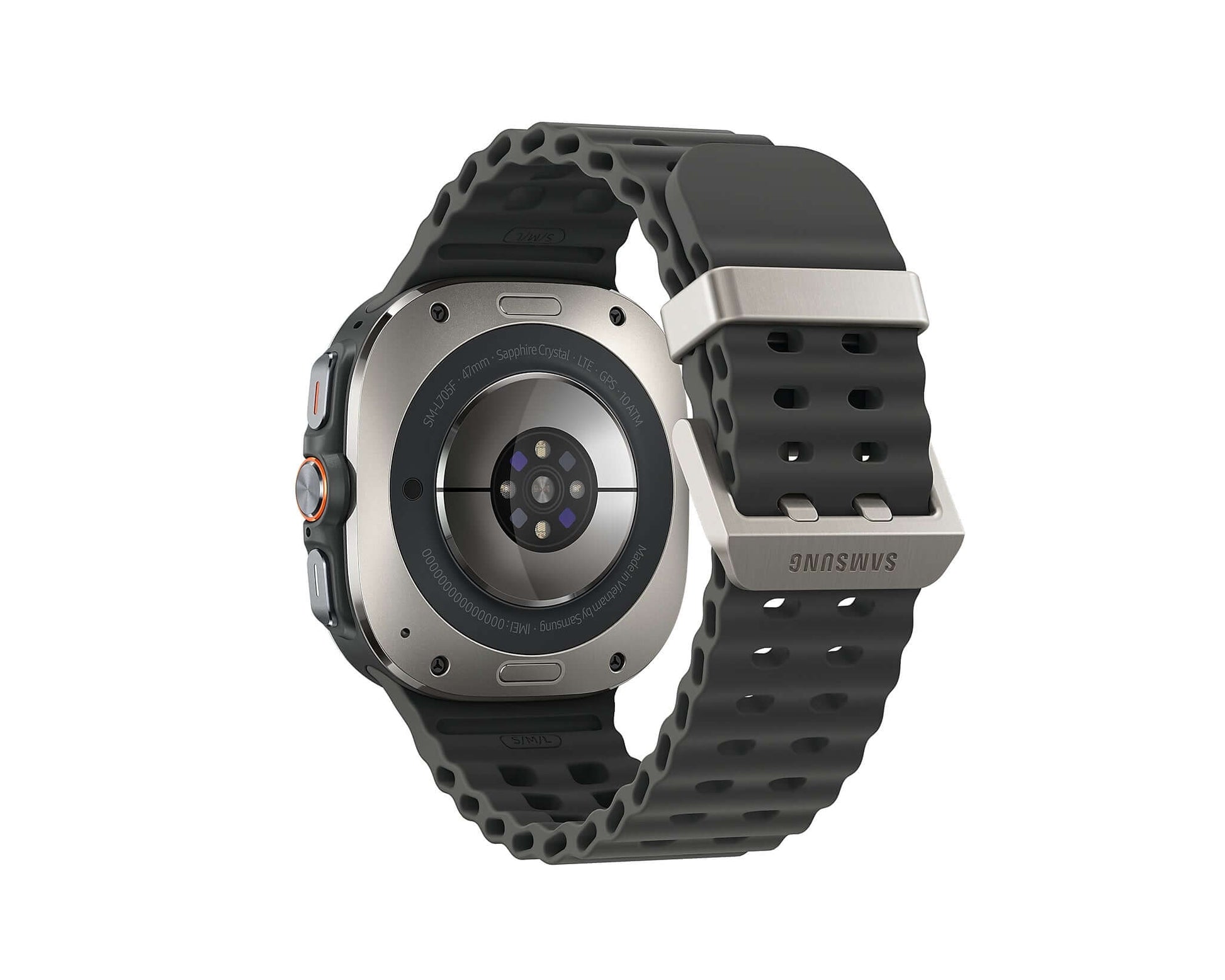 Samsung Galaxy Watch Ultra (2025) Titanium Gray back view, dark gray silicone strap