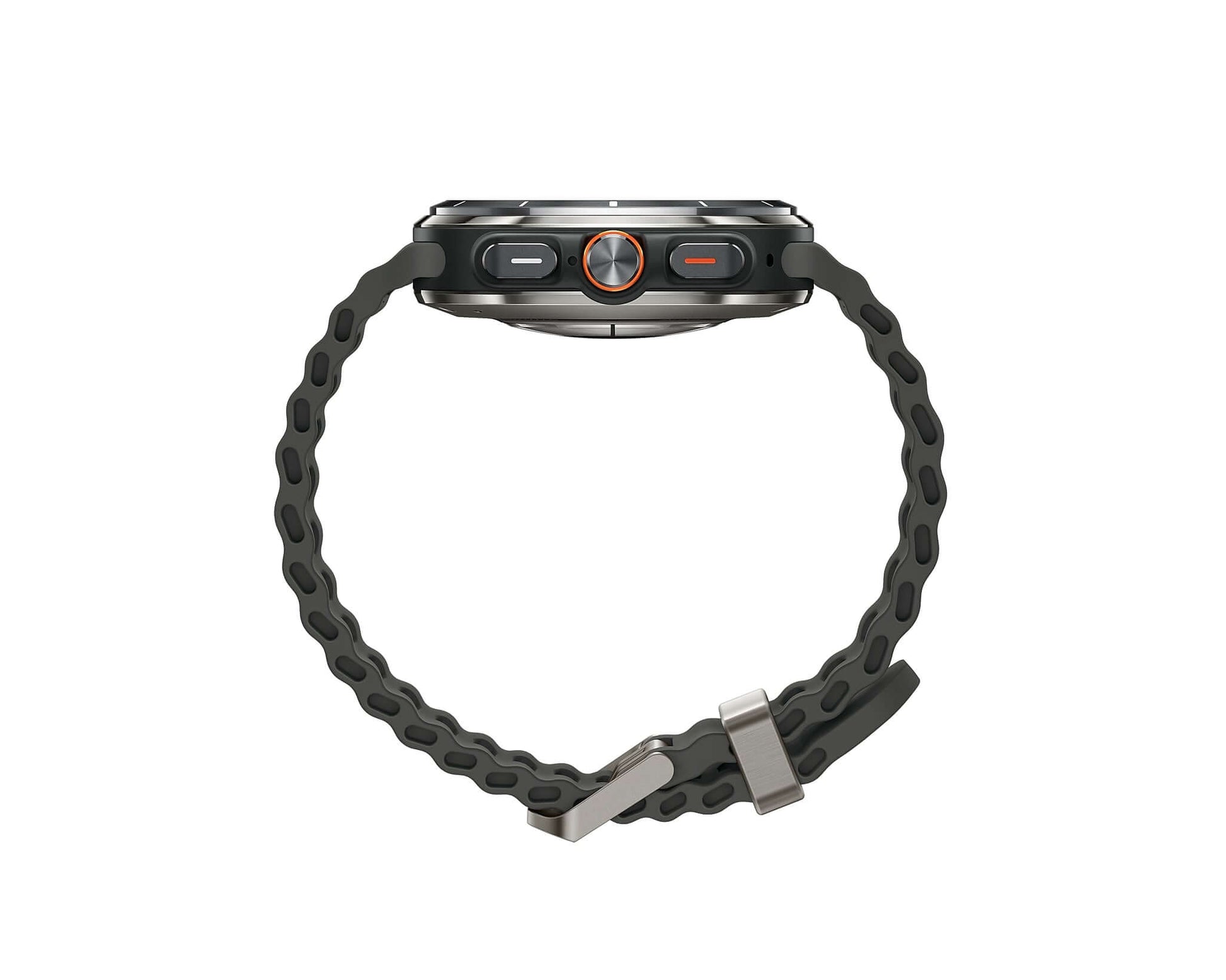Samsung Galaxy Watch Ultra (2025) Titanium Gray side profile with pin clasp, dark gray band