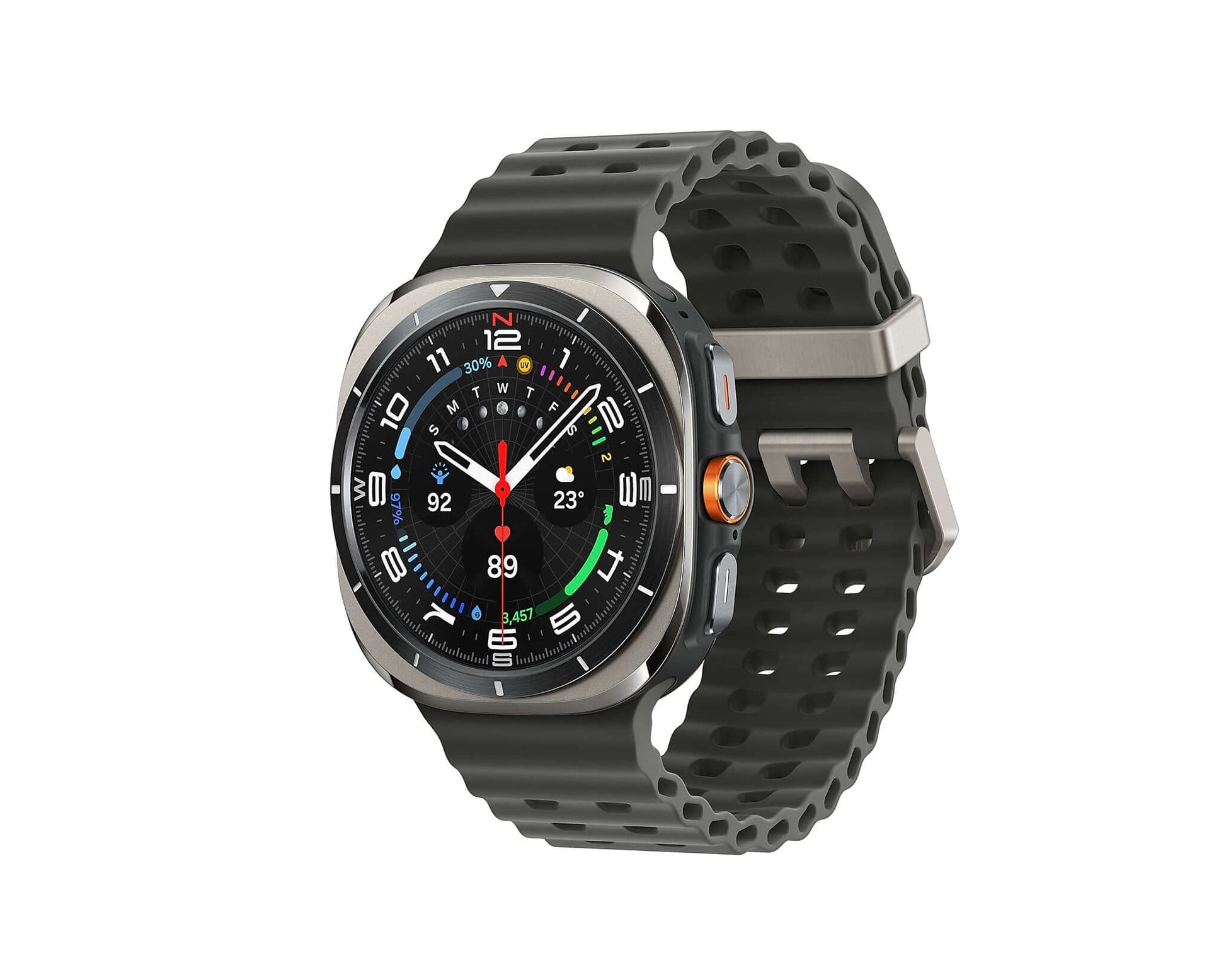 Samsung Galaxy Watch Ultra (2025) Titanium Gray watch angled view, dark gray strap