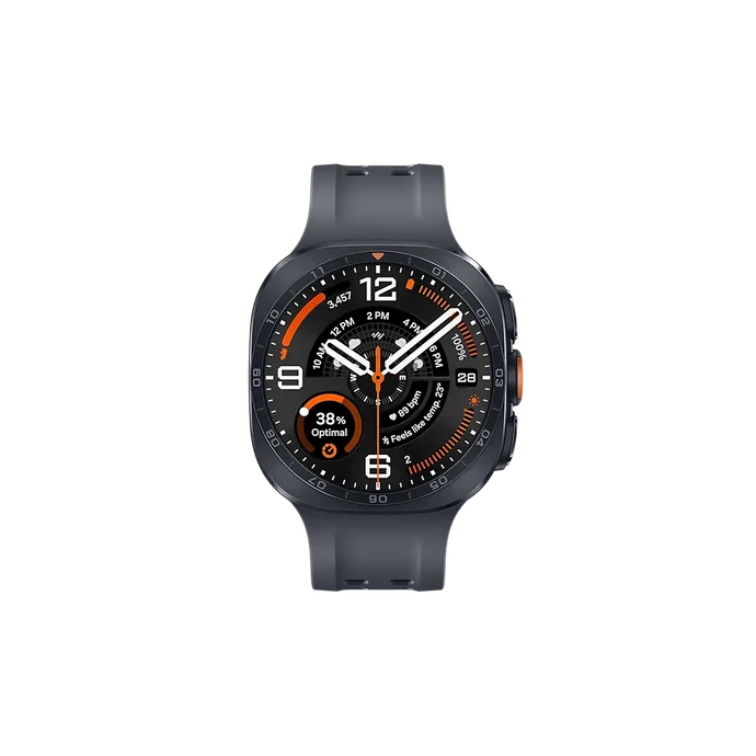 Dark gray smartwatch with round display and black perforated silicone strap